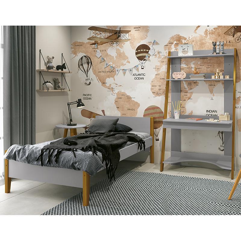 Jogo de Quarto Infantil Simba Estante Escrivaninha, Cama e Mesa de Canto Theo Cinza Fosco com Pés Amadeirado - Reller Móveis 