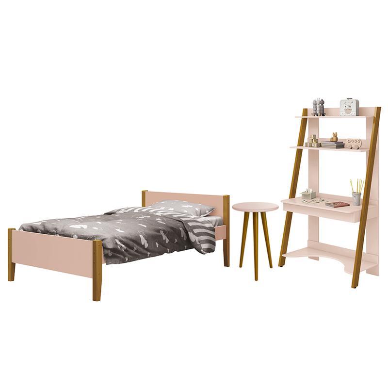 Jogo de Quarto Infantil Simba Estante Escrivaninha, Cama e Mesa de Canto Theo Rosa Fosco com Pés Amadeirado - Reller Móveis 