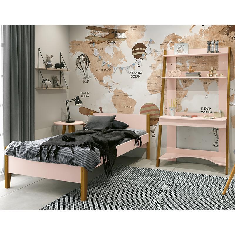Jogo de Quarto Infantil Simba Estante Escrivaninha, Cama e Mesa de Canto Theo Rosa Fosco com Pés Amadeirado - Reller Móveis 