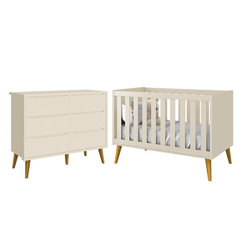 Jogo de Quarto Infantil Theo Cômoda 6 Gavetas e Berço Areia Fosco com Pés Amadeirado - Reller Móveis