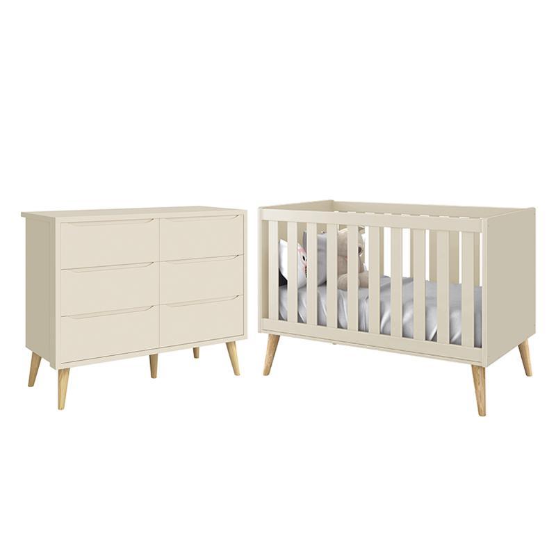 Jogo de Quarto Infantil Theo Cômoda 6 Gavetas e Berço Areia Fosco com Pés Madeira Natural - Reller Móveis