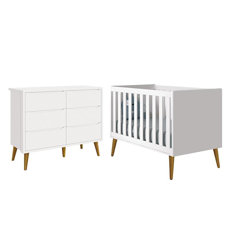 Jogo de Quarto Infantil Theo Cômoda 6 Gavetas e Berço Branco Fosco com Pés Amadeirado - Reller Móveis