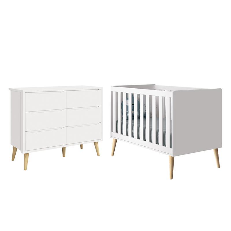 Jogo de Quarto Infantil Theo Cômoda 6 Gavetas e Berço Branco Fosco com Pés Madeira Natural - Reller Móveis 