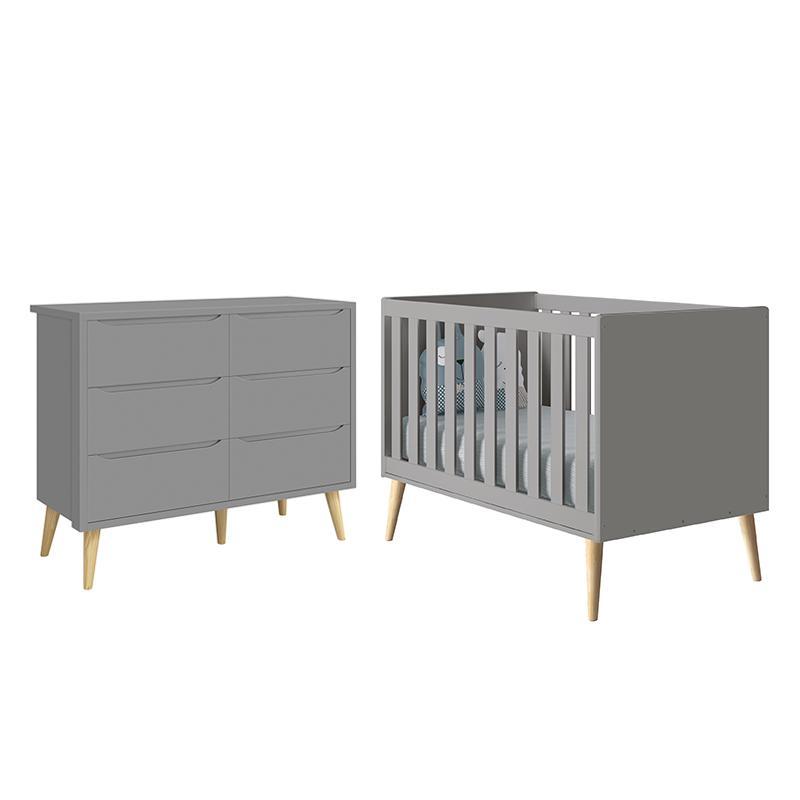 Jogo de Quarto Infantil Theo Cômoda 6 Gavetas e Berço Cinza Fosco com Pés Madeira Natural - Reller Móveis 