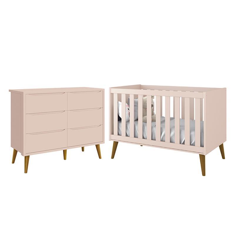 Jogo de Quarto Infantil Theo Cômoda 6 Gavetas e Berço Rosa Fosco com Pés Amadeirado - Reller Móveis