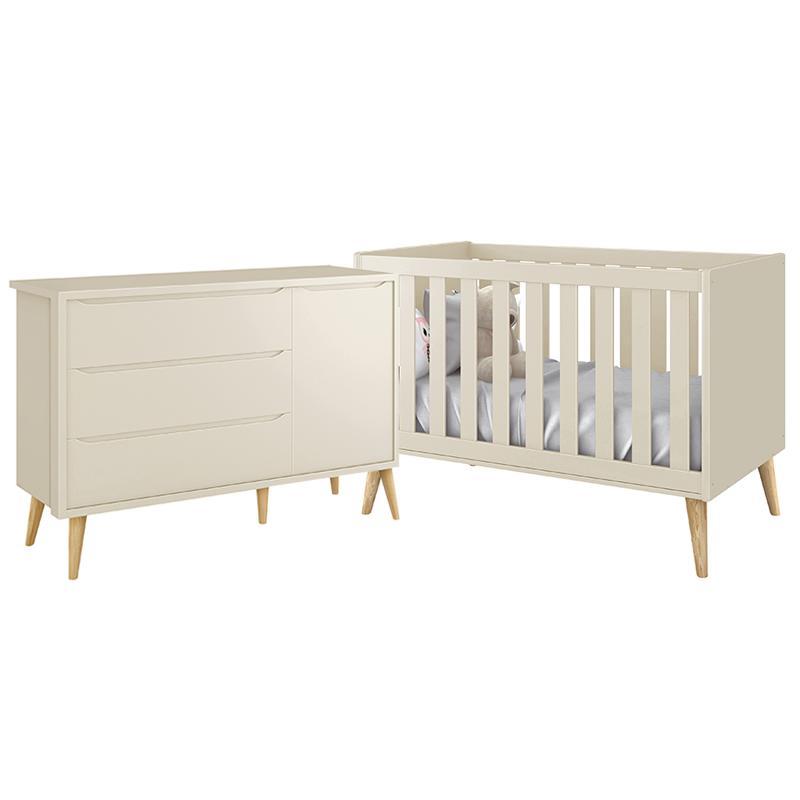 Jogo de Quarto Infantil Theo Cômoda e Berço Areia Fosco com Pés Madeira Natural - Reller Móveis