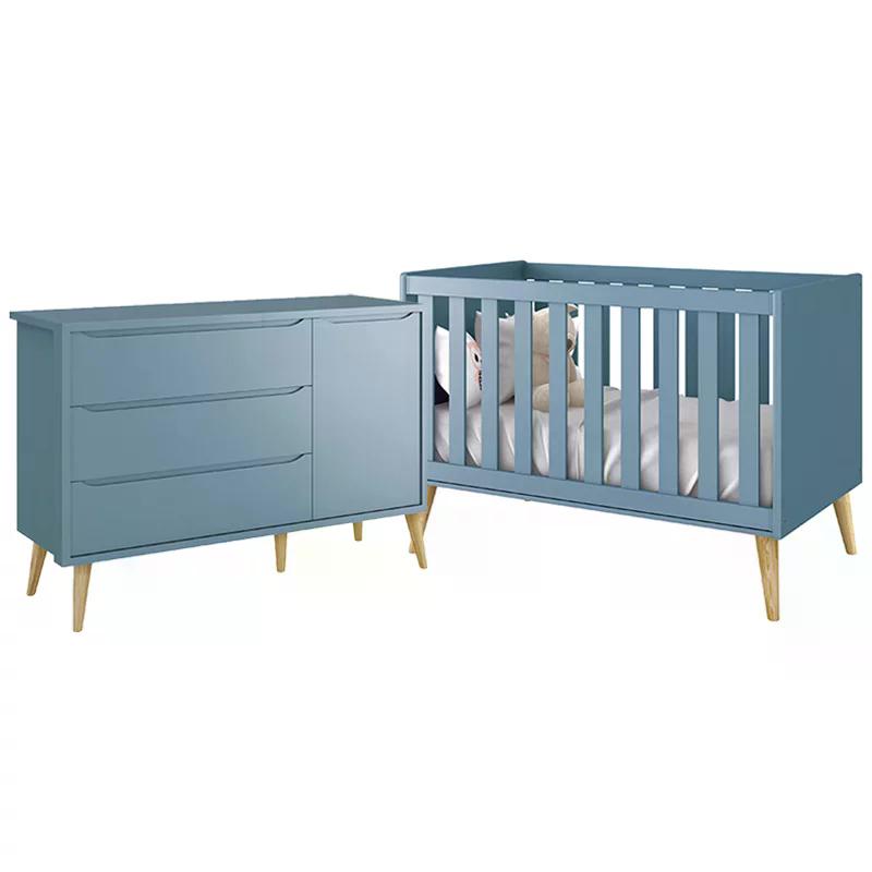 Jogo de Quarto Infantil Theo Cômoda e Berço Azul Fosco com Pés Madeira Natural - Reller Móveis