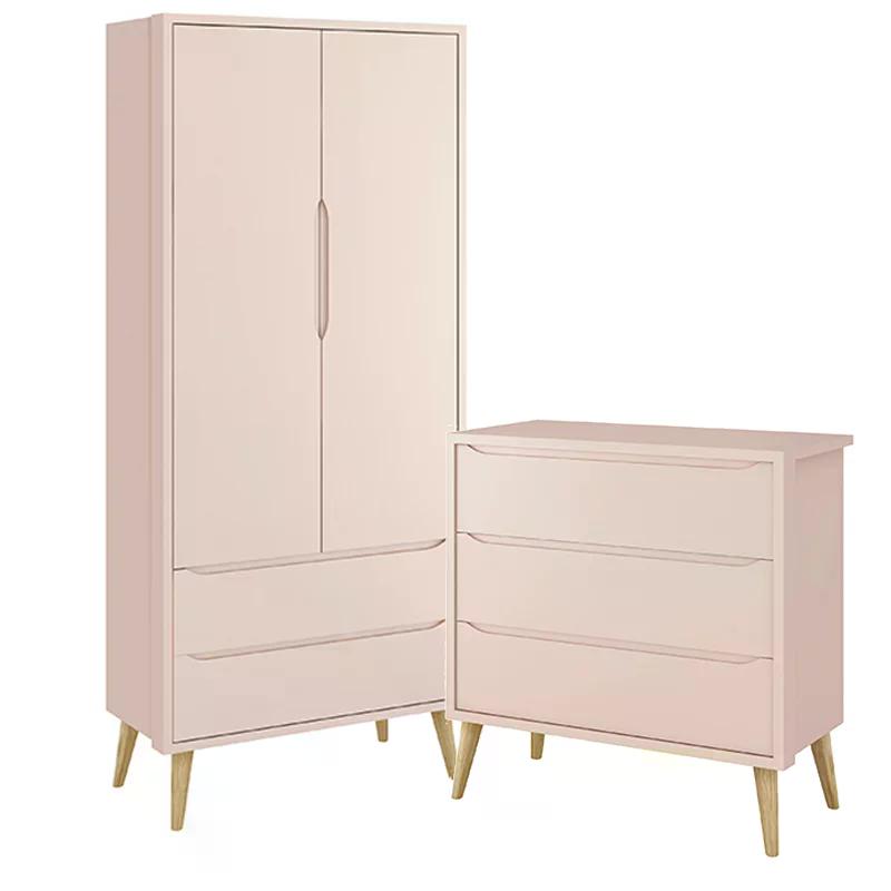 Jogo de Quarto Infantil Theo Guarda Roupa 2 Portas e Cômoda 3 Gavetas Rosa Fosco com Pés Madeira Natural - Reller Móveis