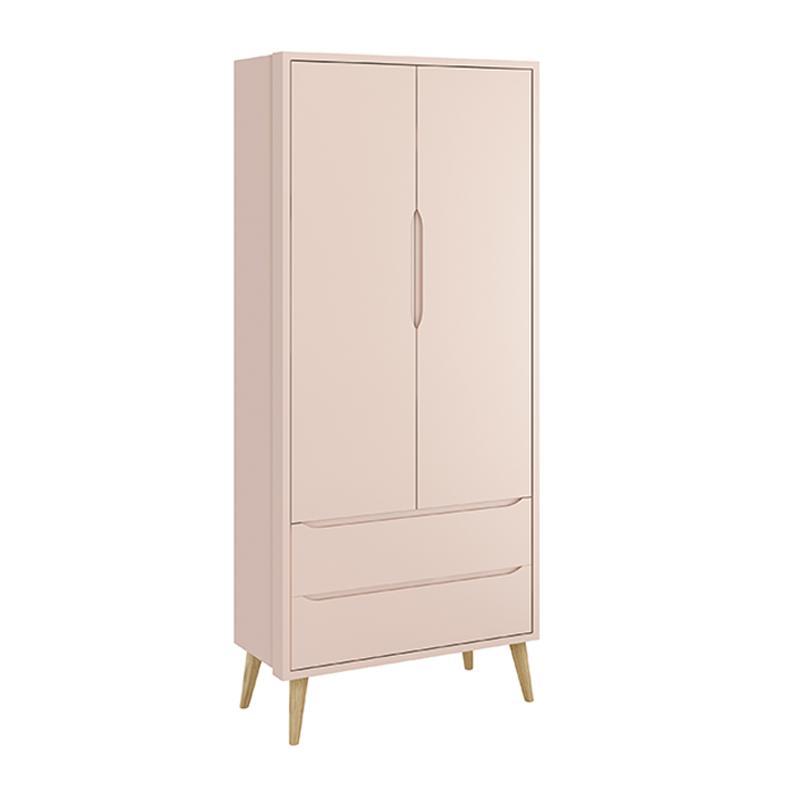Jogo de Quarto Infantil Theo Guarda Roupa 2 Portas e Cômoda 6 Gaveta Rosa Fosco com Pés Madeira Natural - Reller Móveis