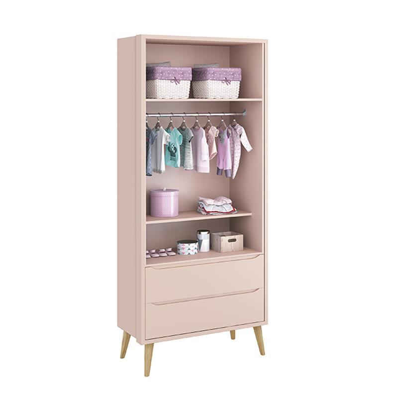 Jogo de Quarto Infantil Theo Guarda Roupa 2 Portas e Cômoda 6 Gaveta Rosa Fosco com Pés Madeira Natural - Reller Móveis