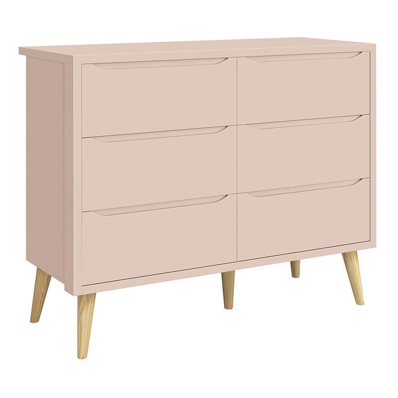 Jogo de Quarto Infantil Theo Guarda Roupa 2 Portas e Cômoda 6 Gaveta Rosa Fosco com Pés Madeira Natural - Reller Móveis