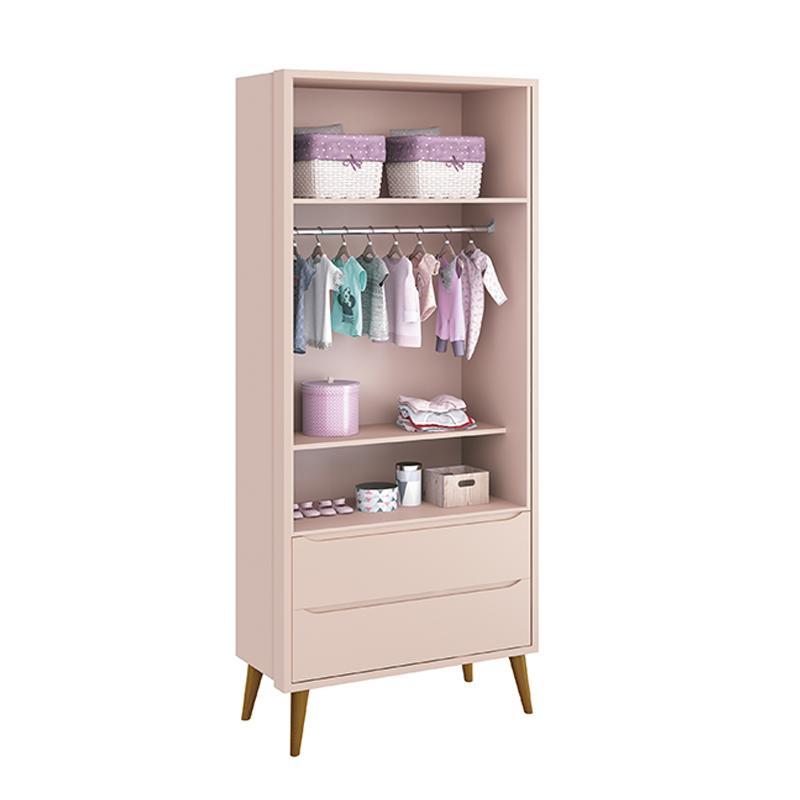 Jogo de Quarto Infantil Theo Guarda Roupa 2 Portas e Cômoda 6 Gavetas Rosa Fosco com Pés Amadeirado - Reller Móveis