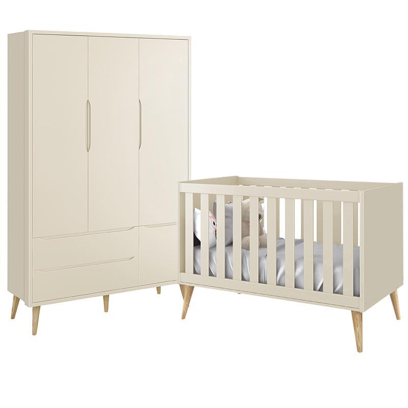 Jogo de Quarto Infantil Theo Guarda Roupa 3 Portas e Berço Areia Fosco com Pés Madeira Natural - Reller Móveis