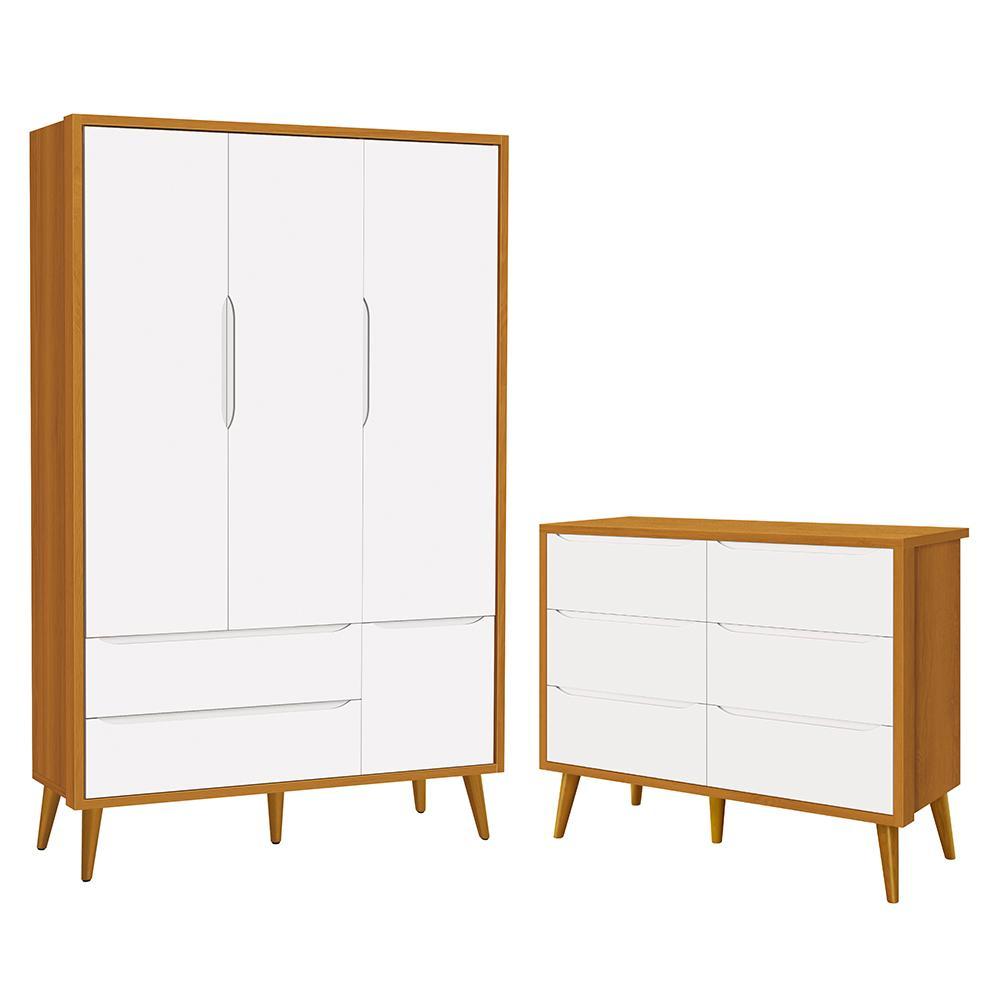 Jogo de Quarto Infantil Theo Guarda Roupa 3 Portas e Cômoda 6 Gavetas Branco/Savana com Pés Amadeirado - Reller Móveis