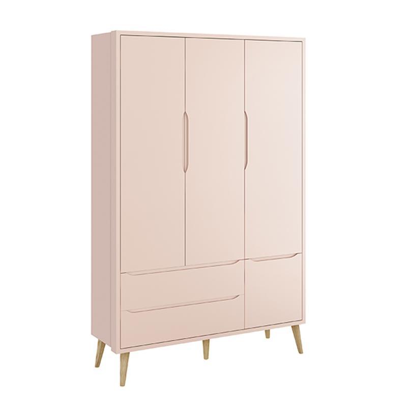 Jogo de Quarto Infantil Theo Guarda Roupa 3 Portas e Cômoda 6 Gavetas Rosa Fosco com Pés Madeira Natural - Reller Móveis
