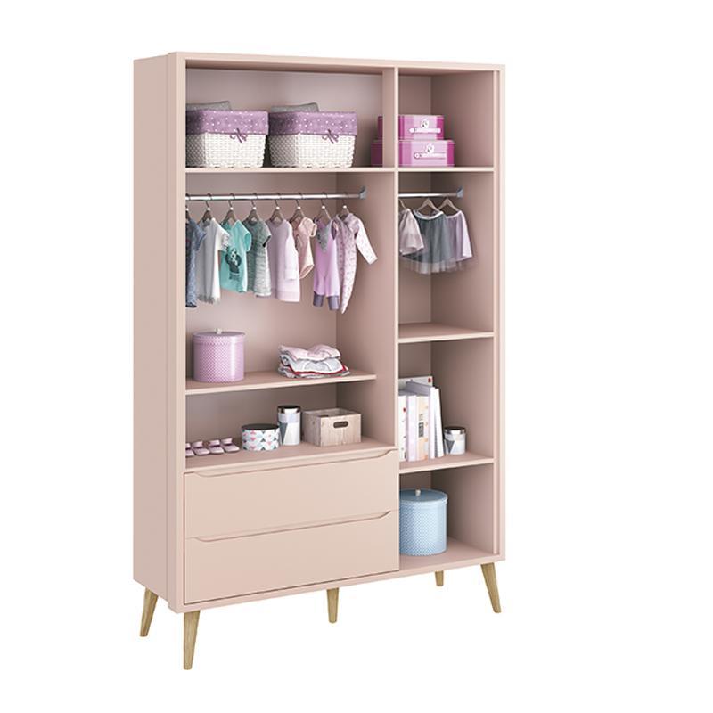 Jogo de Quarto Infantil Theo Guarda Roupa 3 Portas e Cômoda 6 Gavetas Rosa Fosco com Pés Madeira Natural - Reller Móveis