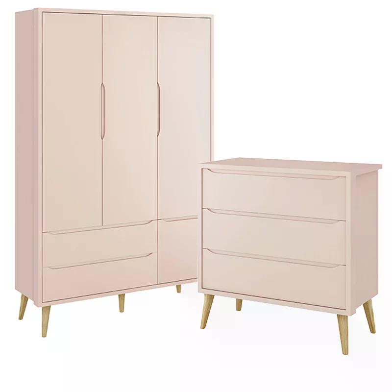 Jogo de Quarto Infantil Theo Guarda Roupa 3 Portas e Cômoda 3 Gavetas Rosa Fosco com Pés Madeira Natural - Reller Móveis