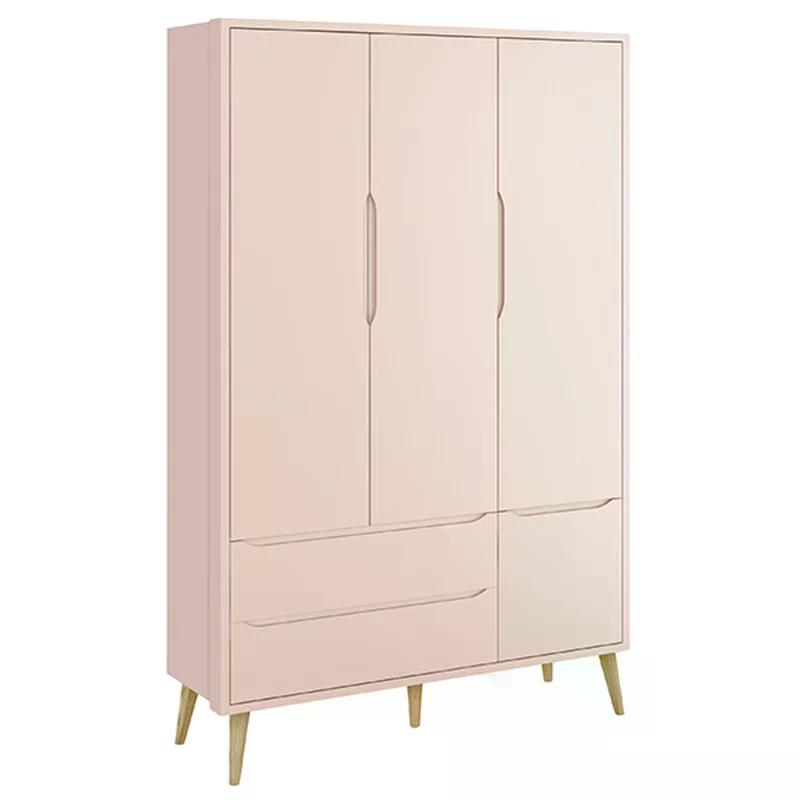 Jogo de Quarto Infantil Theo Guarda Roupa 3 Portas e Cômoda 3 Gavetas Rosa Fosco com Pés Madeira Natural - Reller Móveis