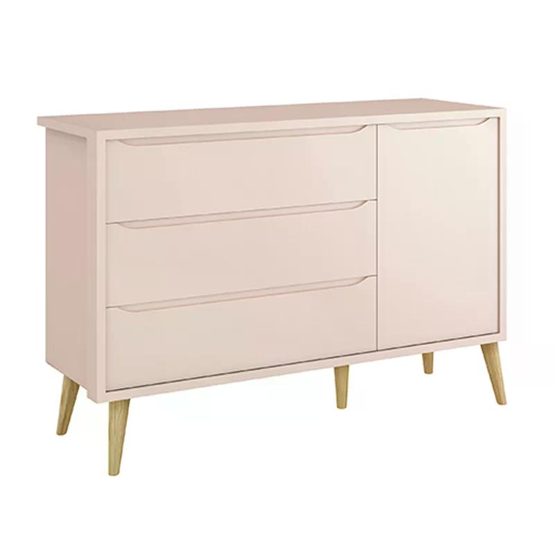 Jogo de Quarto Infantil Theo Guarda Roupa 3 Portas e Cômoda Rosa Fosco com Pés Madeira Natural - Reller Móveis