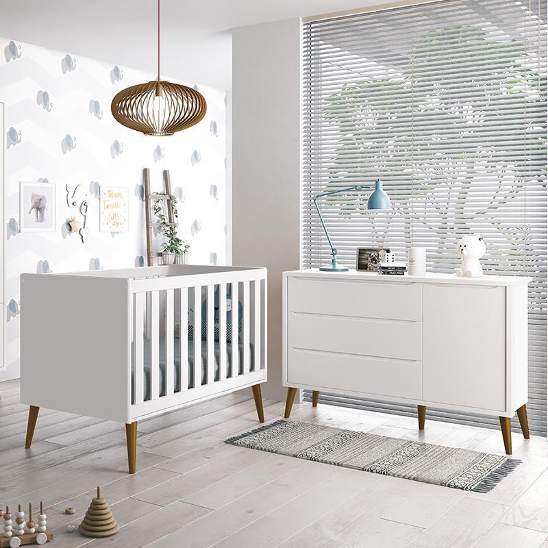 Jogo de Quarto Infantil Theo Retrô Cômoda 1 Porta e Berço Branco Fosco com Pés Amadeirado - Reller Móveis