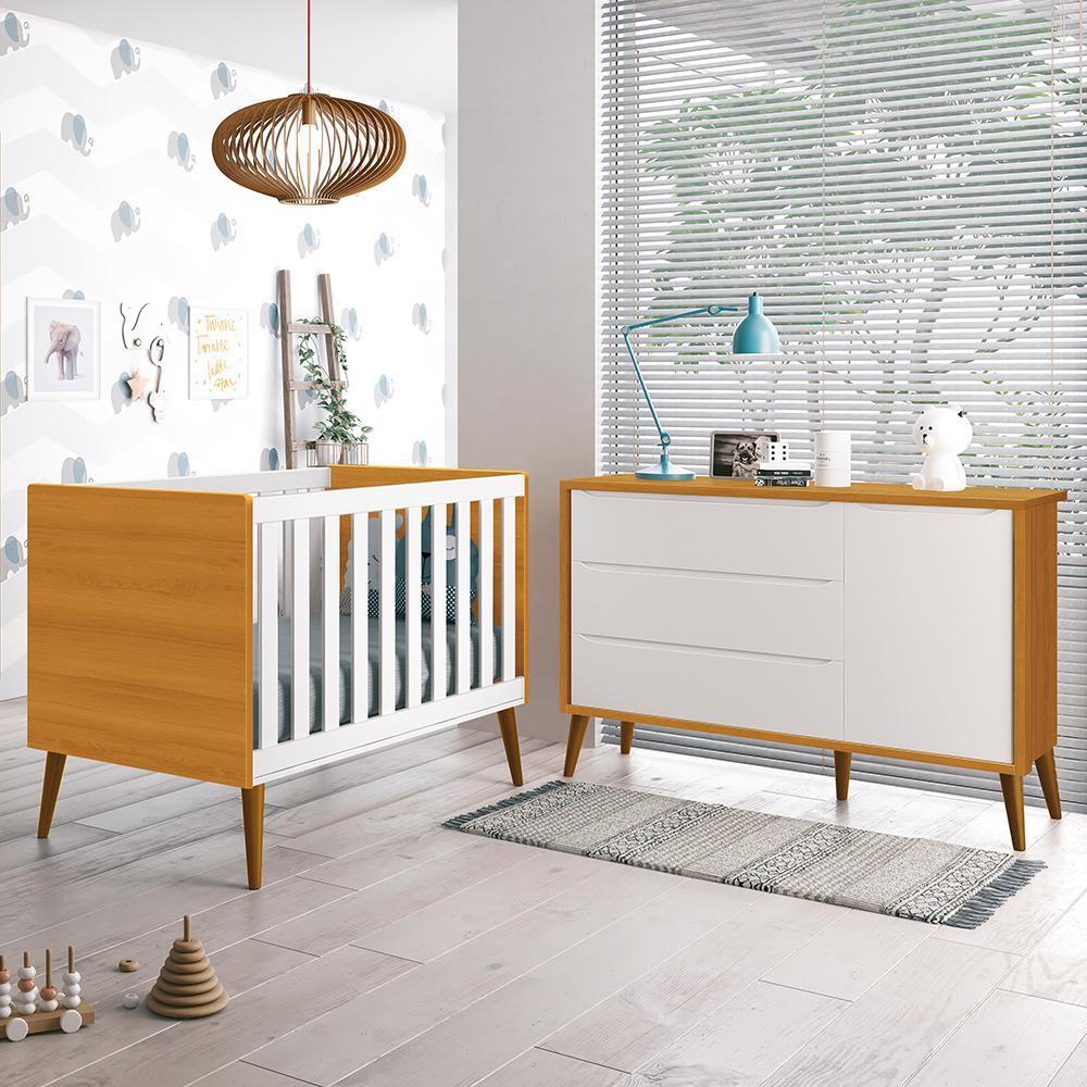 Jogo de Quarto Infantil Theo Retrô Cômoda 1 Porta e Berço Branco/Savana com Pés Amadeirado - Reller Móveis