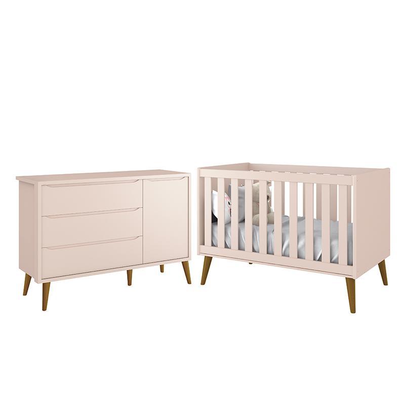 Jogo de Quarto Infantil Theo Retrô Cômoda 1 Porta e Berço Rosa Fosco com Pés Amadeirado - Reller Móveis