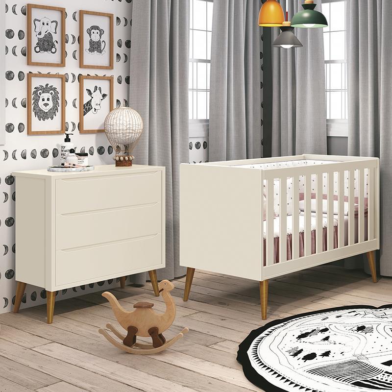 Jogo de Quarto Infantil Theo Retrô Cômoda 3 Gavetas e Berço Areia Fosco com Pés Amadeirado - Reller Móveis