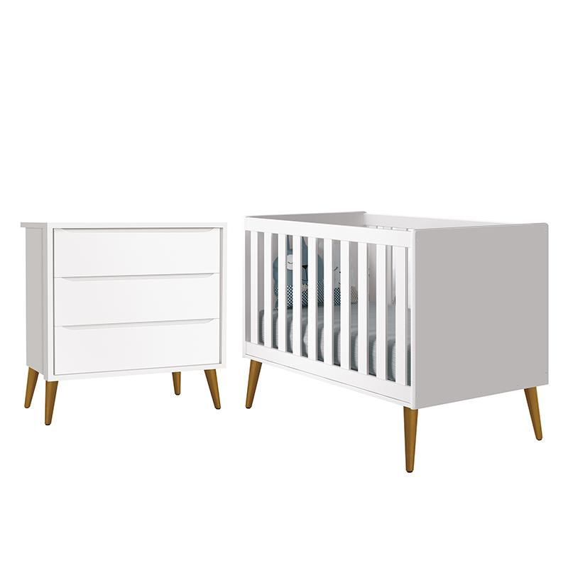 Jogo de Quarto Infantil Theo Retrô Cômoda 3 Gavetas e Berço Branco Fosco com Pés Amadeirado - Reller Móveis