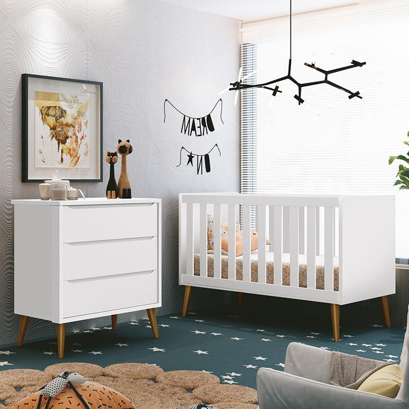 Jogo de Quarto Infantil Theo Retrô Cômoda 3 Gavetas e Berço Branco Fosco com Pés Amadeirado - Reller Móveis