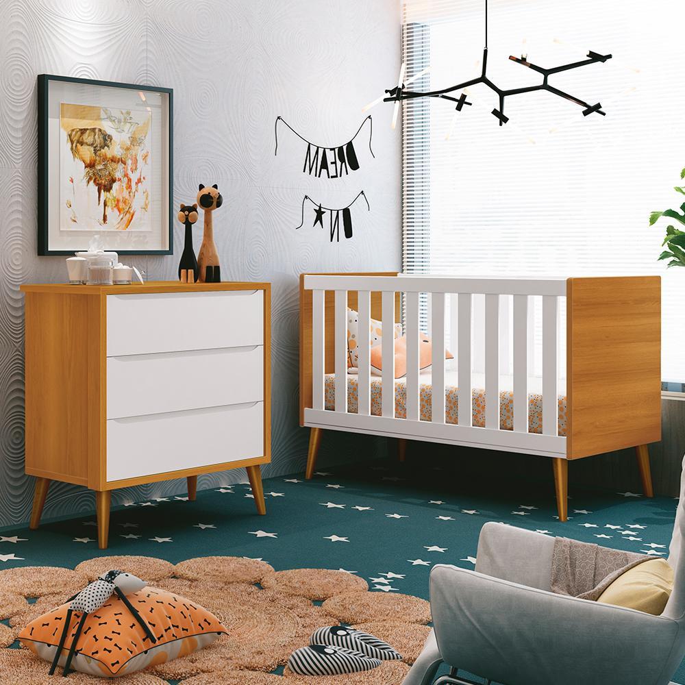 Jogo de Quarto Infantil Theo Retrô Cômoda 3 Gavetas e Berço Branco/Savana com Pés Amadeirado - Reller Móveis