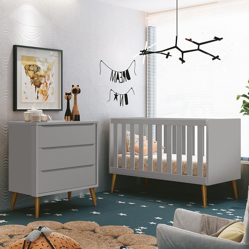 Jogo de Quarto Infantil Theo Retrô Cômoda 3 Gavetas e Berço Cinza Fosco com Pés Amadeirado - Reller Móveis