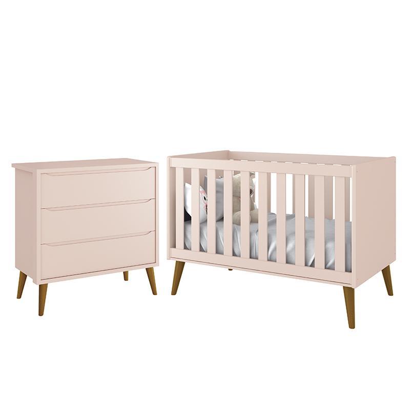 Jogo de Quarto Infantil Theo Retrô Cômoda 3 Gavetas e Berço Rosa Fosco com Pés Amadeirado - Reller Móveis