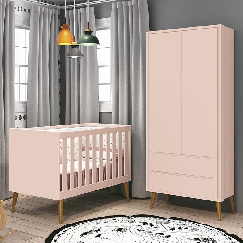 Jogo de Quarto Infantil Theo Retrô Guarda Roupa 2 Portas e Berço Rosa Fosco com Pés Amadeirado - Reller Móveis