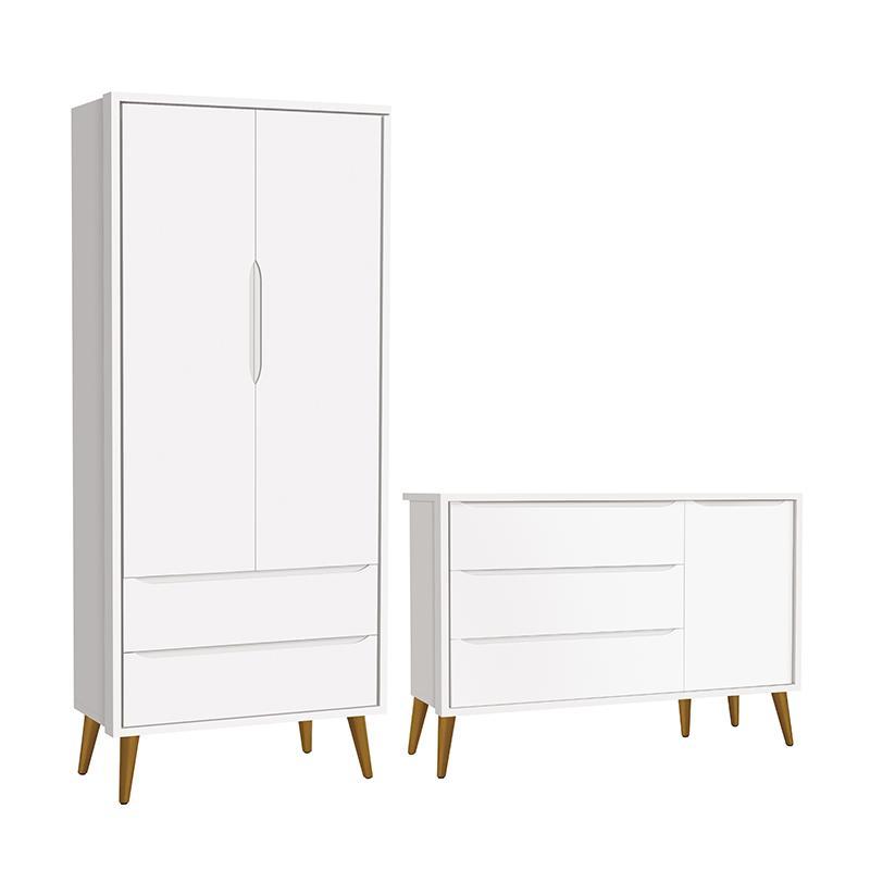 Jogo de Quarto Infantil Theo Retrô Guarda Roupa 2 Portas e Cômoda 1 Porta Branco Fosco com Pés Amadeirado - Reller Móveis