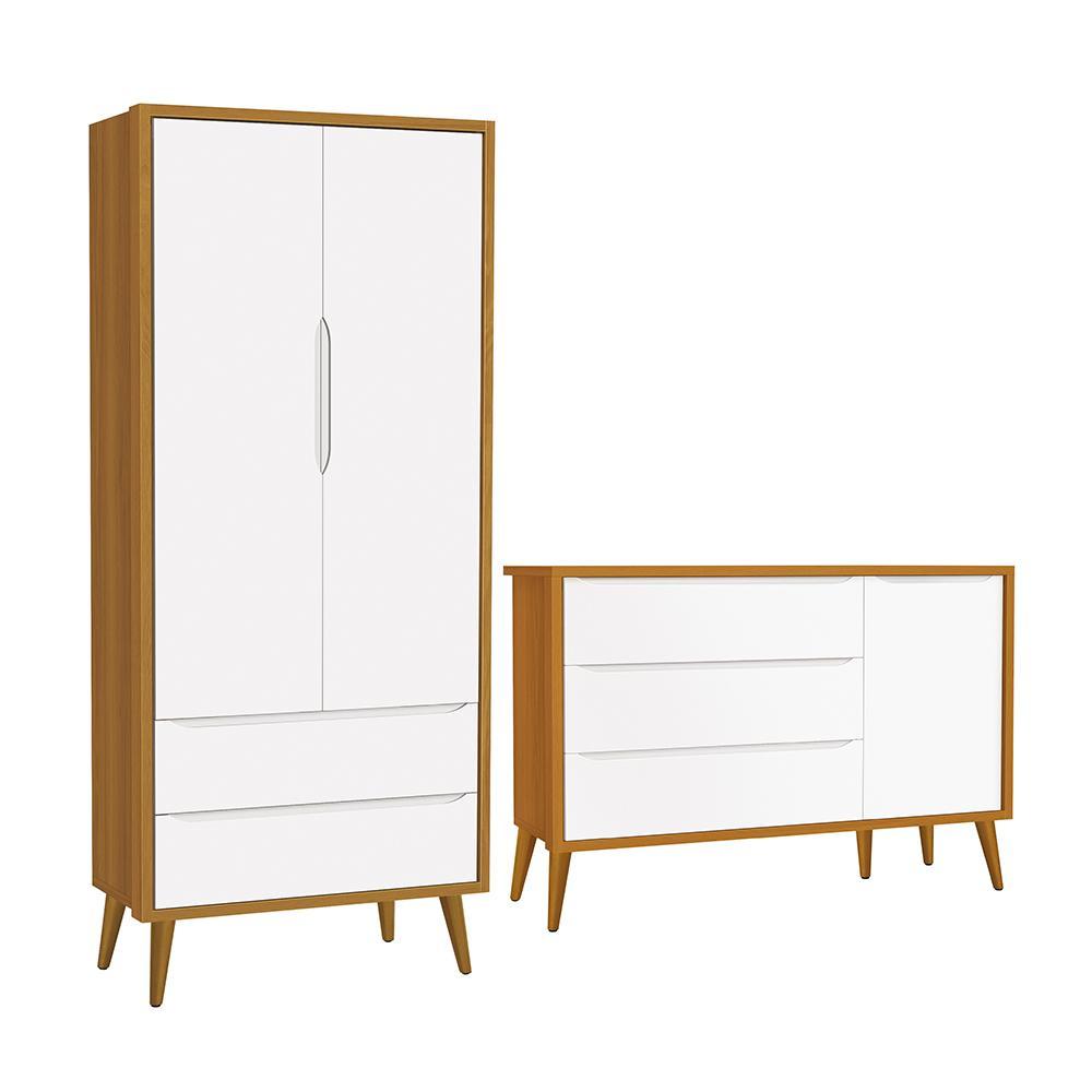 Jogo de Quarto Infantil Theo Retrô Guarda Roupa 2 Portas e Cômoda 1 Porta Branco/Savana com Pés Amadeirado - Reller Móveis