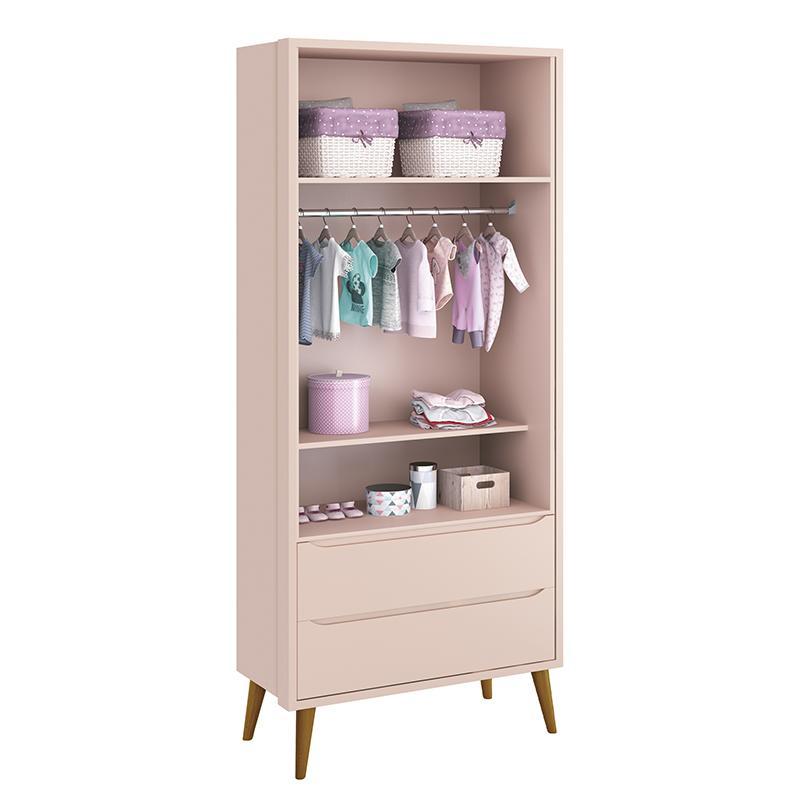 Jogo de Quarto Infantil Theo Retrô Guarda Roupa 2 Portas e Cômoda 1 Porta Rosa Fosco com Pés Amadeirado - Reller Móveis