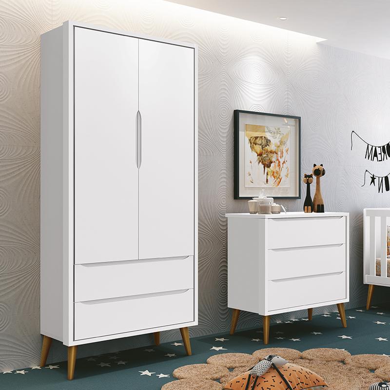 Jogo de Quarto Infantil Theo Retrô Guarda Roupa 2 Portas e Cômoda Branco Fosco com Pés Amadeirado - Reller Móveis