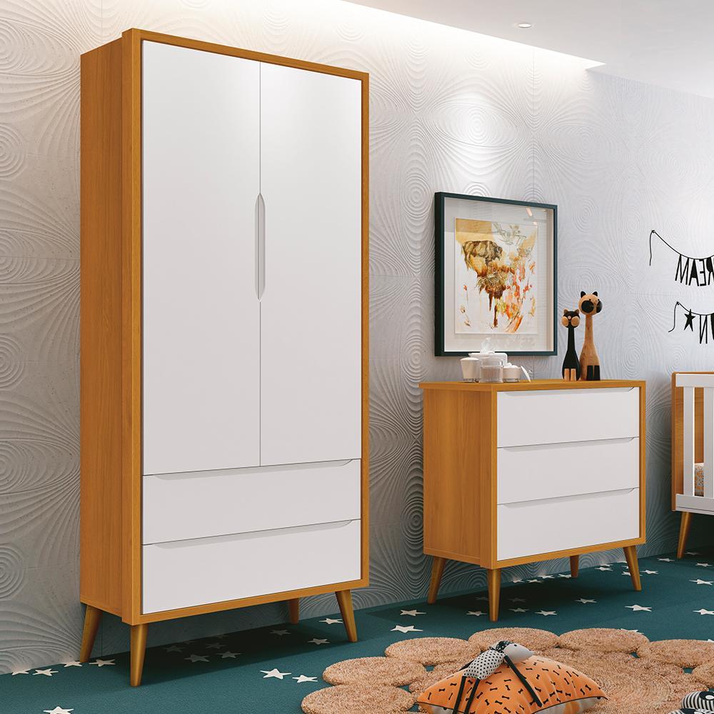Jogo de Quarto Infantil Theo Retrô Guarda Roupa 2 Portas e Cômoda Branco/Savana com Pés Amadeirado - Reller Móveis