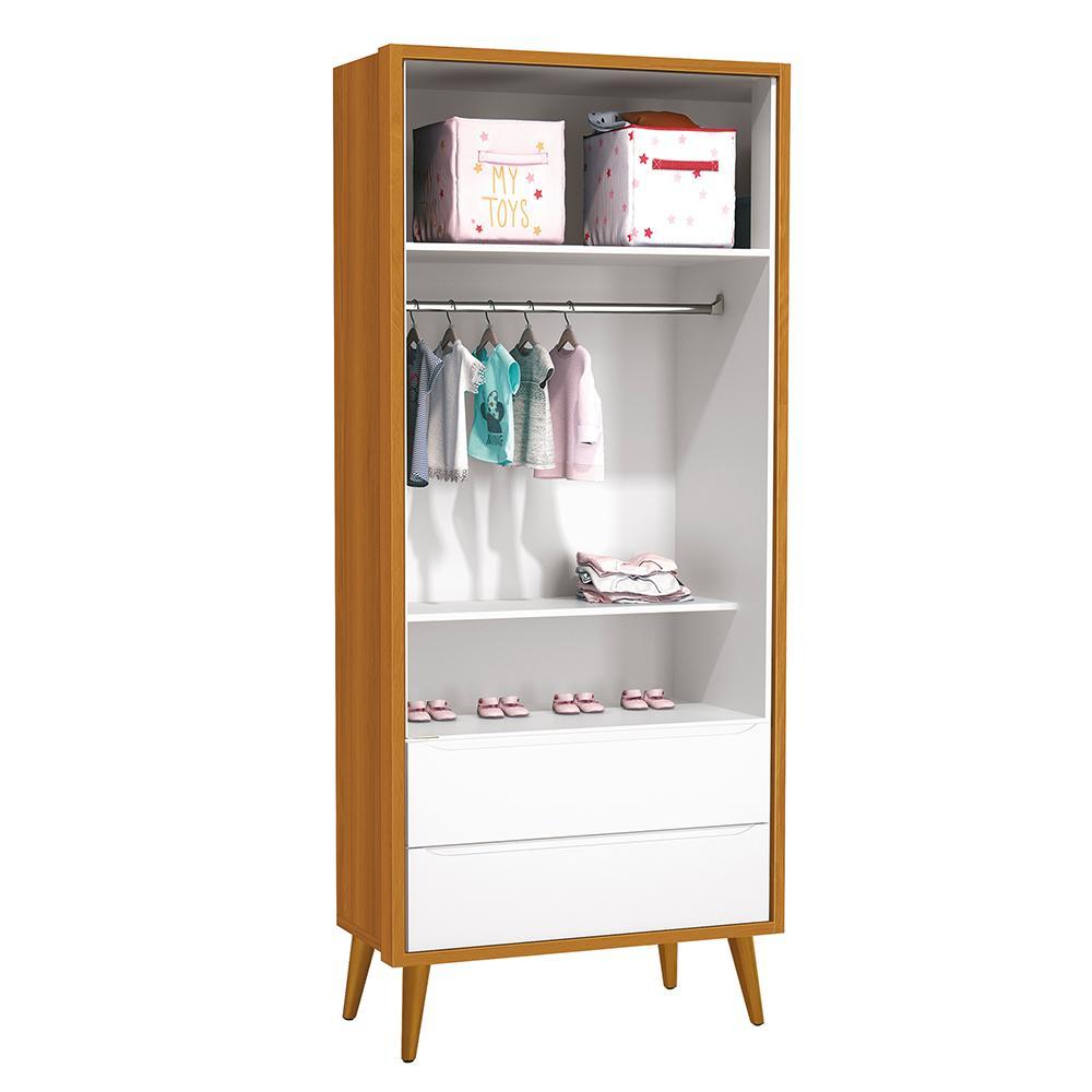 Jogo de Quarto Infantil Theo Retrô Guarda Roupa 2 Portas e Cômoda Branco/Savana com Pés Amadeirado - Reller Móveis