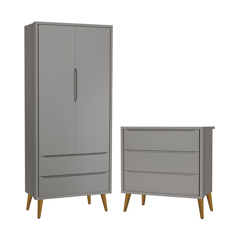 Jogo de Quarto Infantil Theo Retrô Guarda Roupa 2 Portas e Cômoda Cinza Fosco com Pés Amadeirado - Reller Móveis