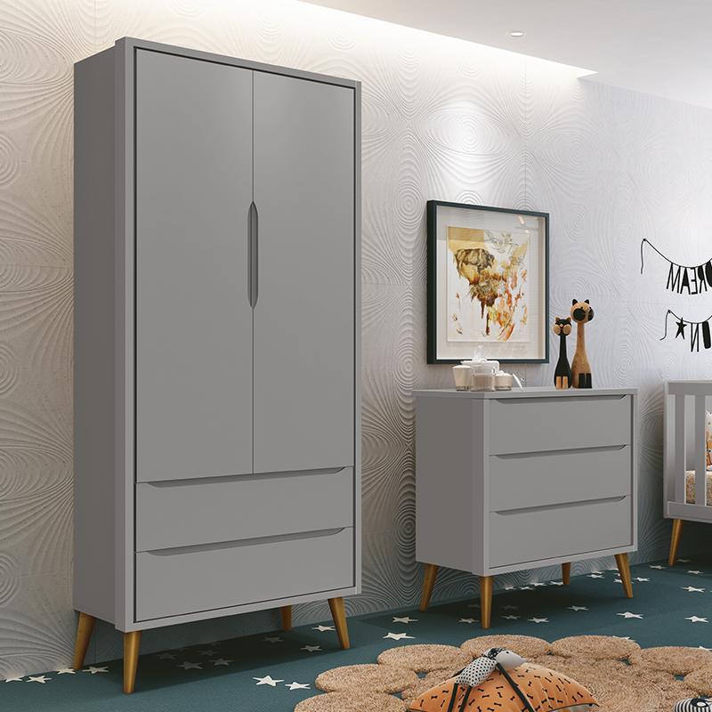 Jogo de Quarto Infantil Theo Retrô Guarda Roupa 2 Portas e Cômoda Cinza Fosco com Pés Amadeirado - Reller Móveis