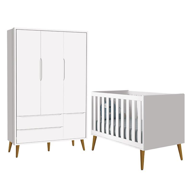 Jogo de Quarto Infantil Theo Retrô Guarda Roupa 3 Portas e Berço Branco Fosco com Pés Amadeirado - Reller Móveis
