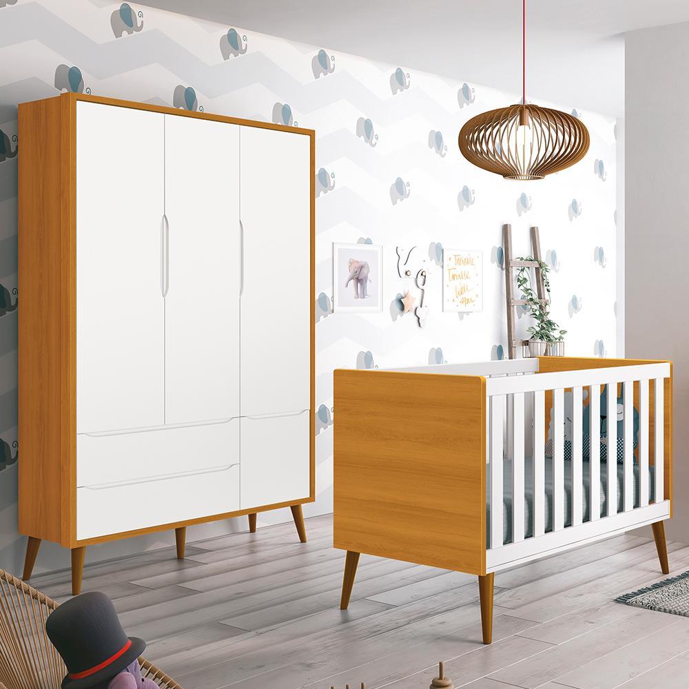 Jogo de Quarto Infantil Theo Retrô Guarda Roupa 3 Portas e Berço Branco/Savana com Pés Amadeirado - Reller Móveis