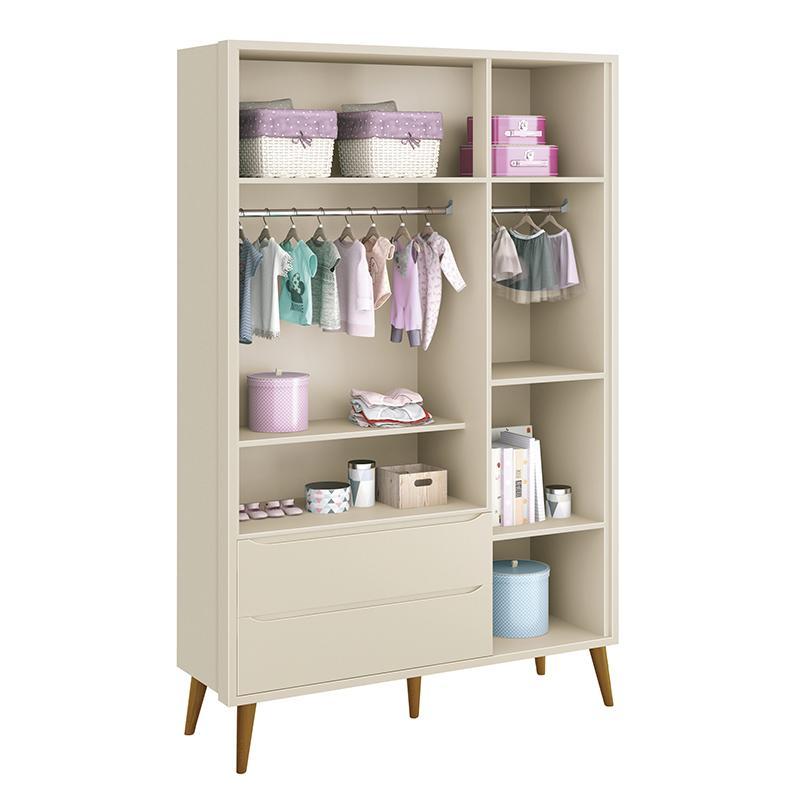 Jogo de Quarto Infantil Theo Retrô Guarda Roupa 3 Portas e Cômoda 1 Porta Areia Fosco com Pés Amadeirado - Reller Móveis