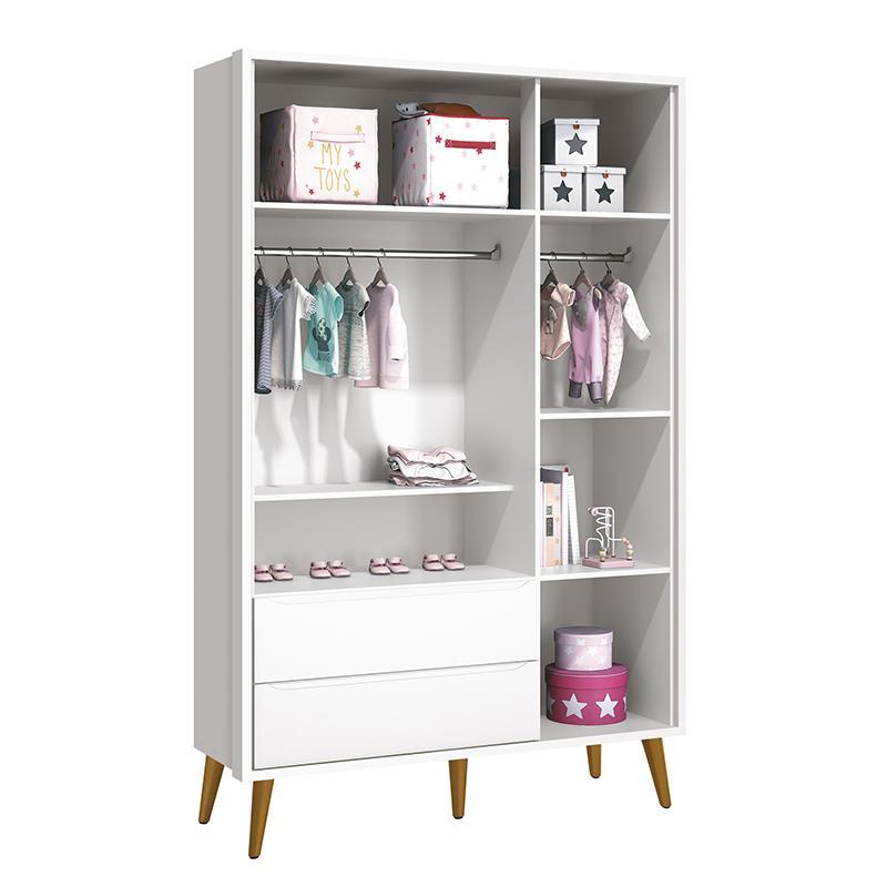 Jogo de Quarto Infantil Theo Retrô Guarda Roupa 3 Portas e Cômoda 1 Porta Branco Fosco com Pés Amadeirado - Reller Móveis