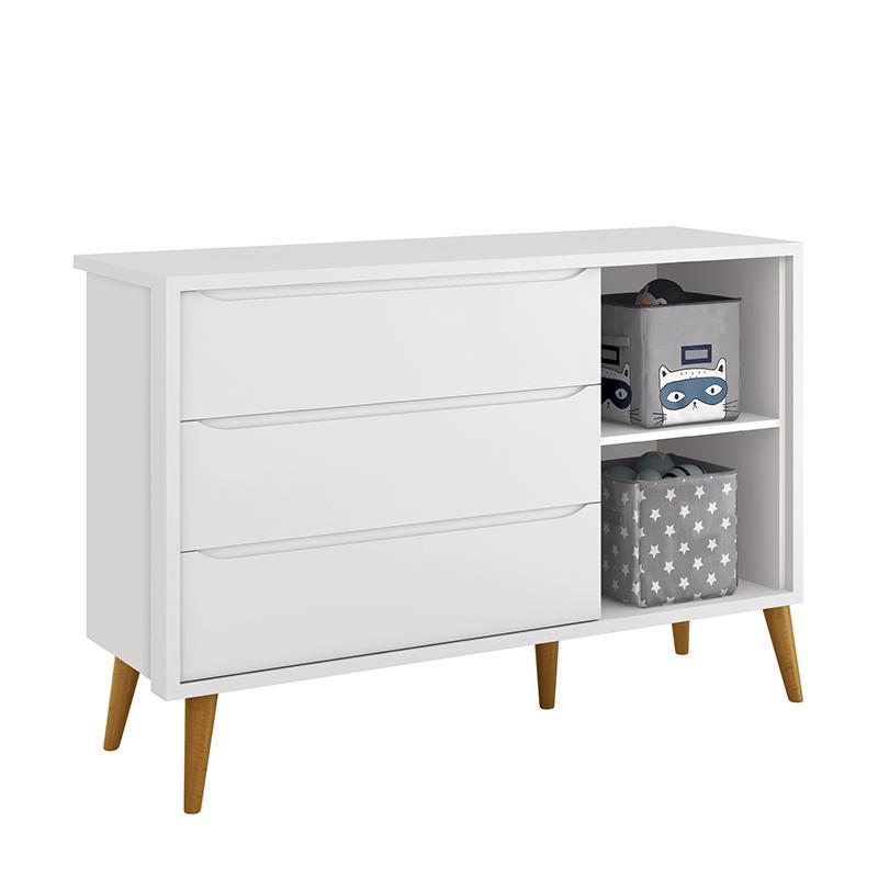 Jogo de Quarto Infantil Theo Retrô Guarda Roupa 3 Portas e Cômoda 1 Porta Branco Fosco com Pés Amadeirado - Reller Móveis