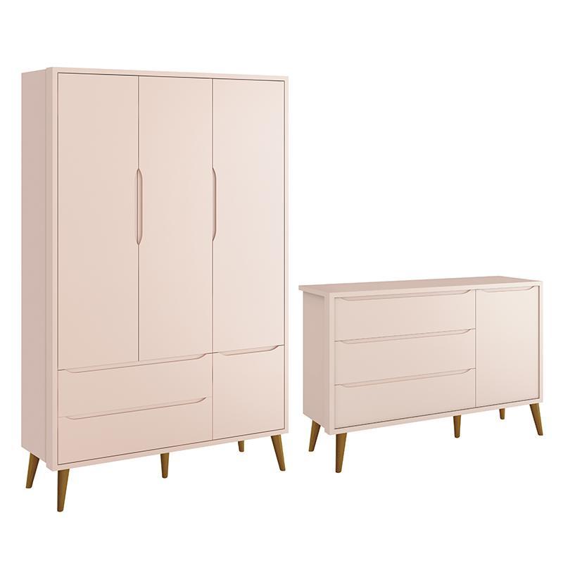 Jogo de Quarto Infantil Theo Retrô Guarda Roupa 3 Portas e Cômoda 1 Porta Rosa Fosco com Pés Amadeirado - Reller Móveis