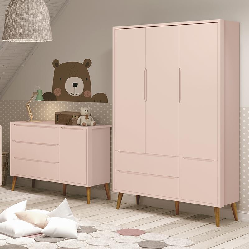 Jogo de Quarto Infantil Theo Retrô Guarda Roupa 3 Portas e Cômoda 1 Porta Rosa Fosco com Pés Amadeirado - Reller Móveis