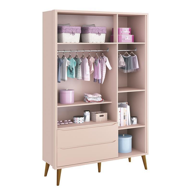 Jogo de Quarto Infantil Theo Retrô Guarda Roupa 3 Portas e Cômoda 1 Porta Rosa Fosco com Pés Amadeirado - Reller Móveis