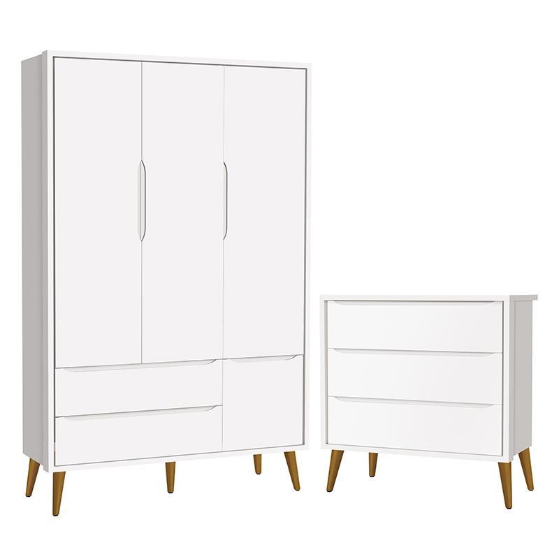 Jogo de Quarto Infantil Theo Retrô Guarda Roupa 3 Portas e Cômoda Branco Fosco com Pés Amadeirado - Reller Móveis
